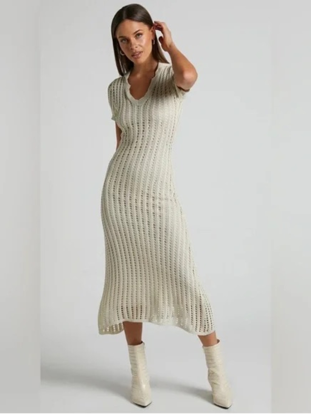 JOLIE MIDI DRESS - CROCHET COLLARED SHORT SLEEVE DRESS IN CREAM